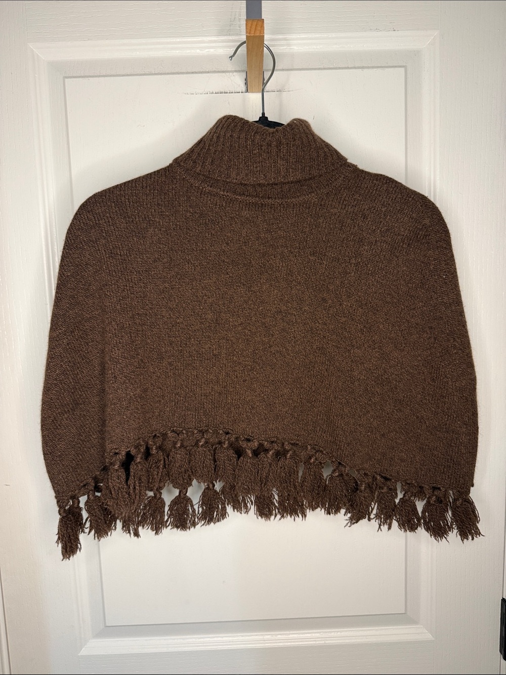 White + Warren -100% Cashmere Brown Fringe Turtleneck Poncho